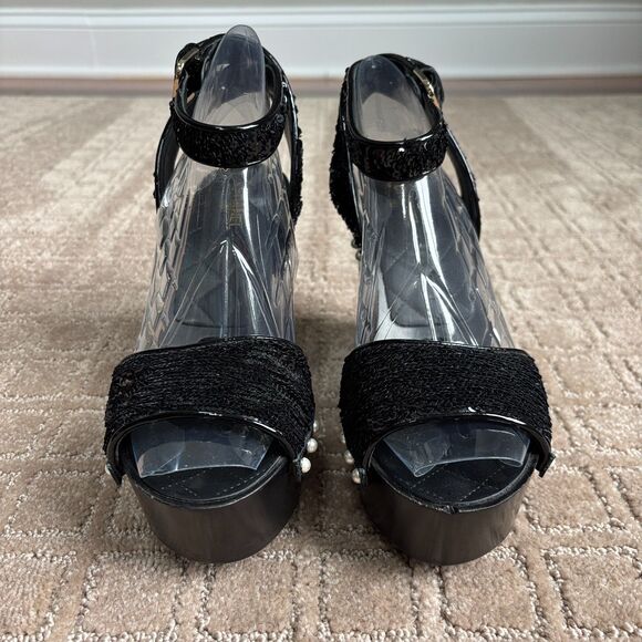 Chanel Sequin Hinge Wood Platform Wedge Sandals EU 38.5 US 8-8.5 Black CC Pearl - Picture 5 of 12